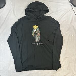 Polo Ralph Lauren Hoodie Mens Medium Black Polo Bear Graphic Pullover Sweatshirt